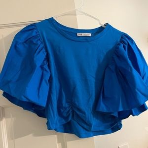 Zara Blue Flutter Sleeve Crop Top